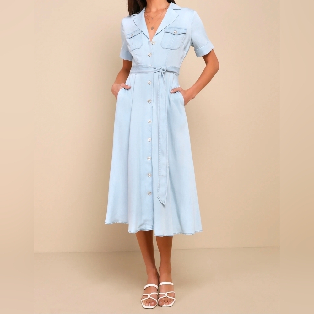 Lulus Pleasant Cutie Blue Chambray Collared Midi Dress With Pockets